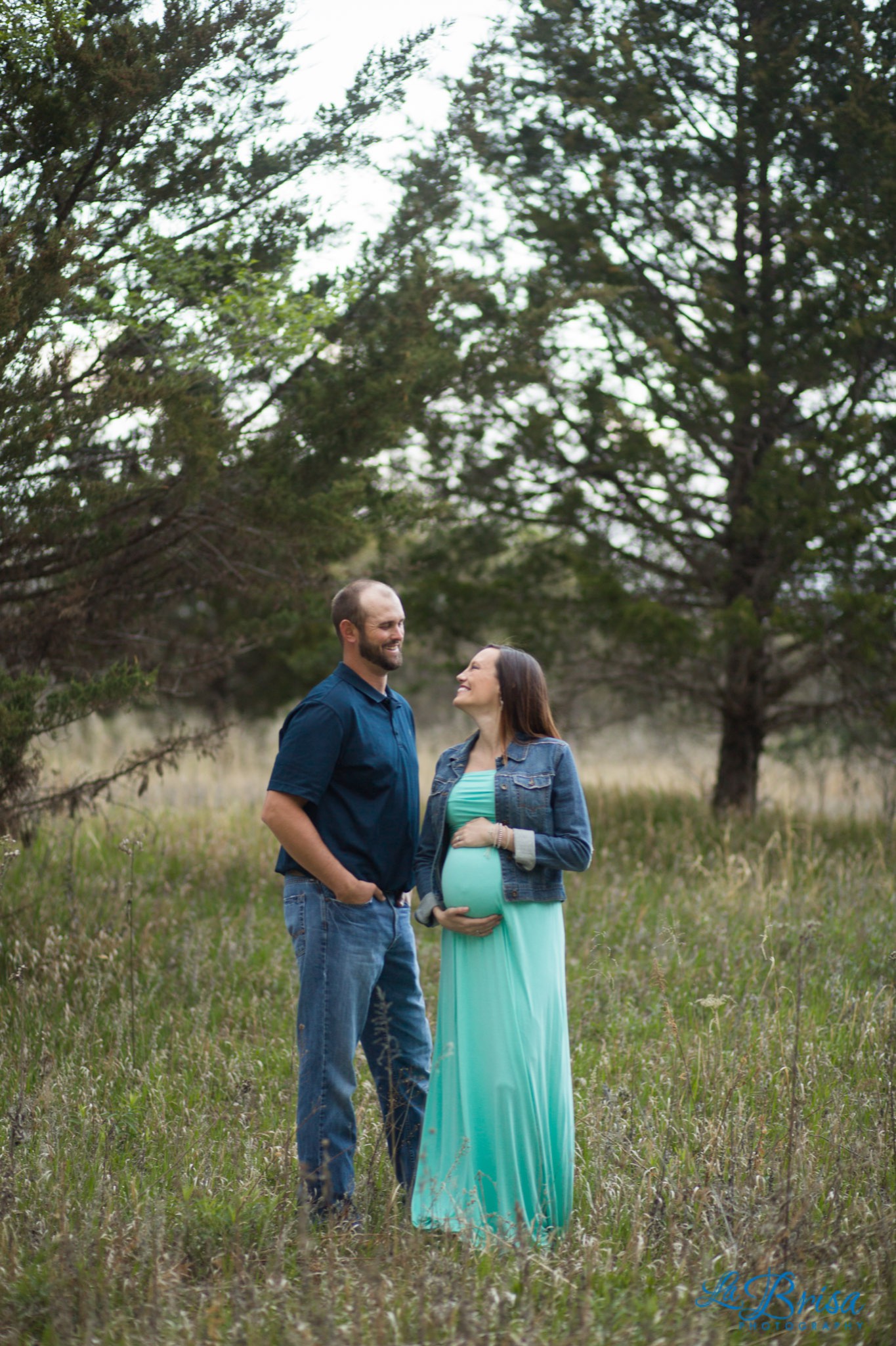 Maternity Open Field Turquoise Dress Jean Jacket Open Field Kansas Emma York La Brisa Photography