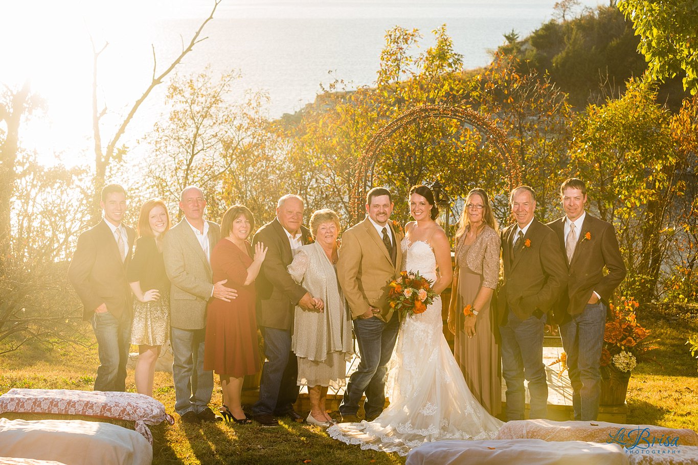 outdoor Fall wedding family formal portrait