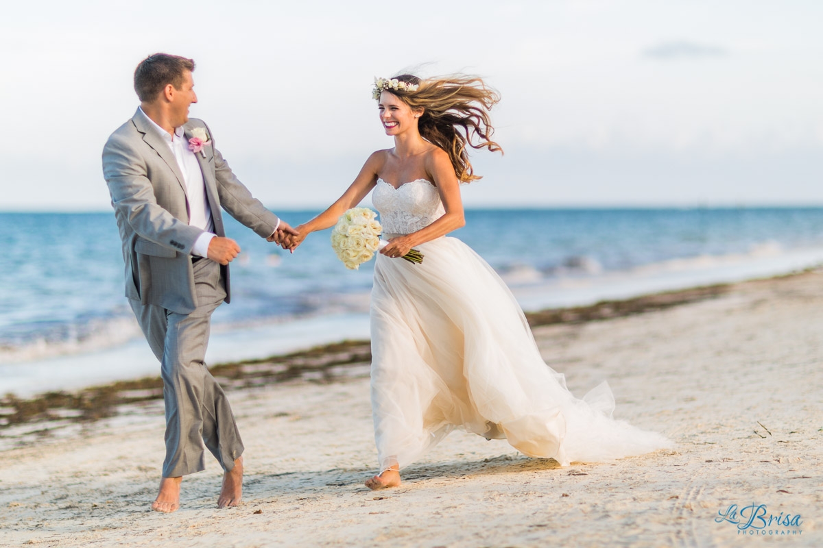 Bride Groom Cancun Destination Wedding Running Beach Flower Crown