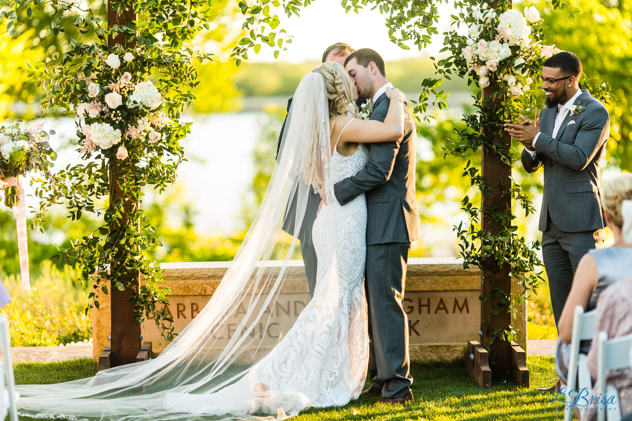 bride groom first kiss dallas arboretum and botanical gardens wedding ceremony