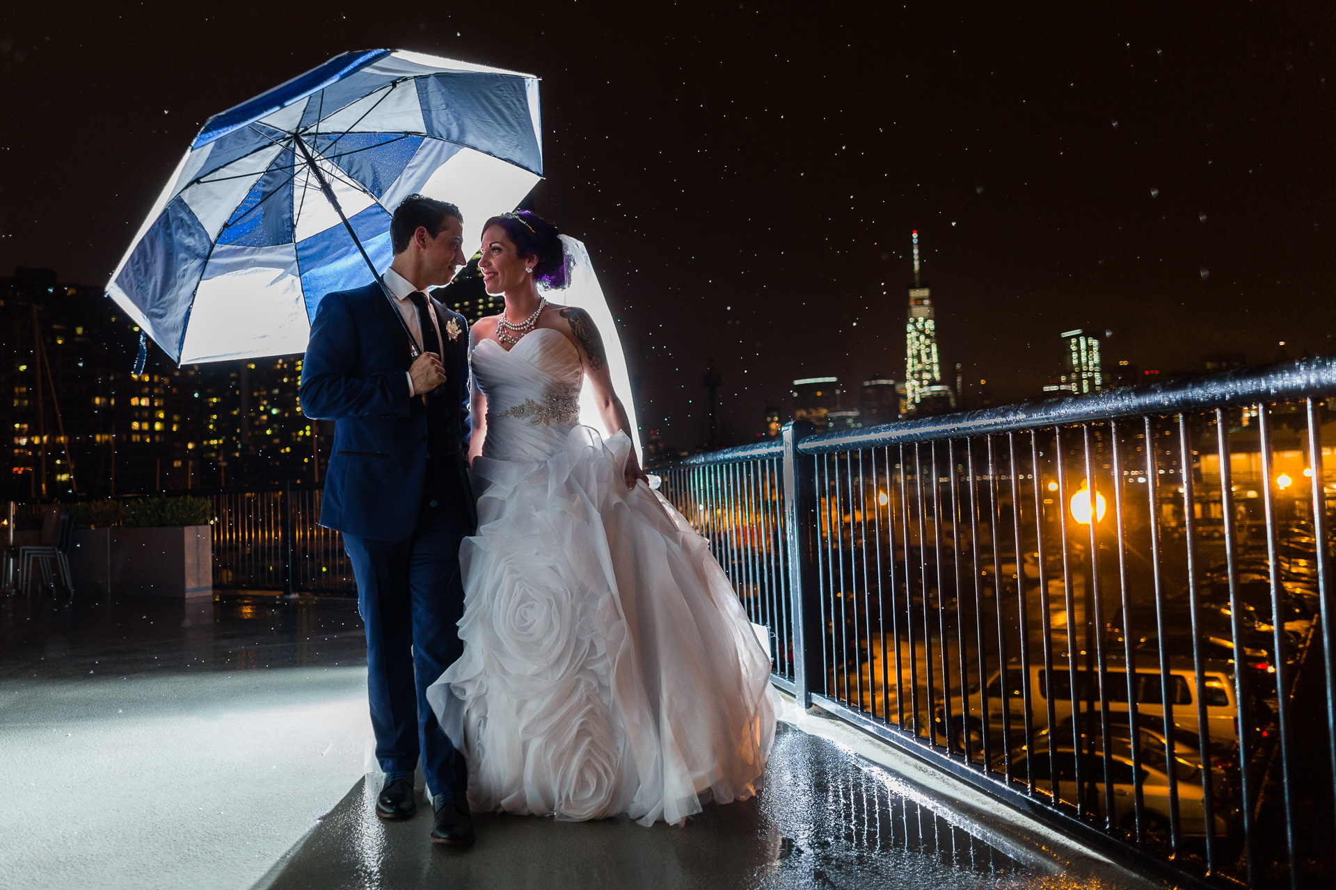 Bride Groom Walking in Rain New York City Skyline
