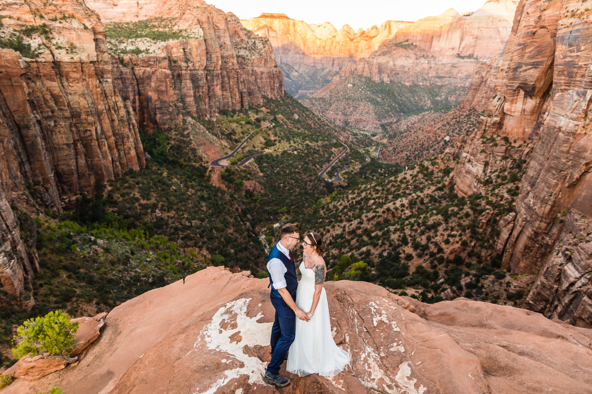 Bride Groom sunrise embrace Zion National Park