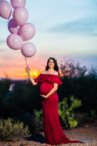 pink balloons red maternity dress